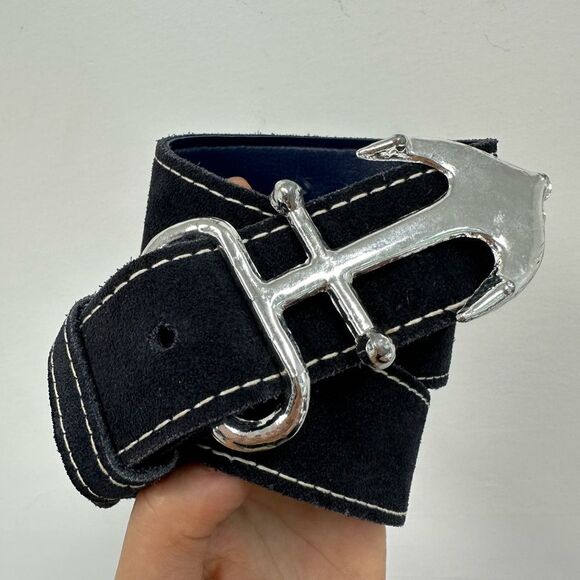 Vintage Blue Suede Leather Anchor Nautical Belt Silver Tine Buckle adjustable M - Picture 5 of 9